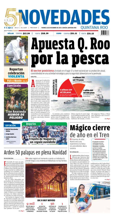 Portada de Novedades Quintana Roo del viernes, 26 de diciembre de 2025