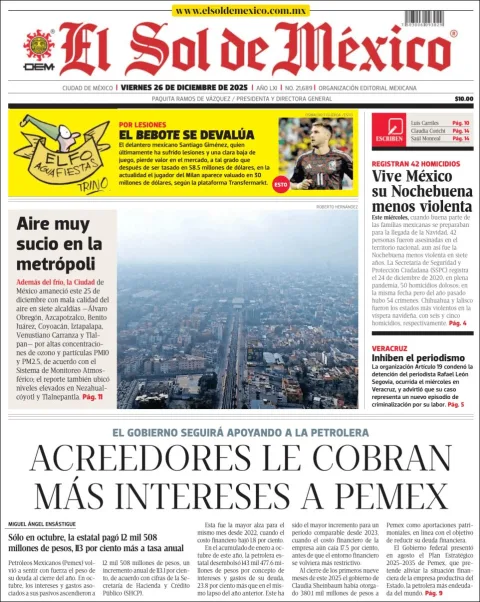 Portada de El Sol de Mexico del viernes, 26 de diciembre de 2025