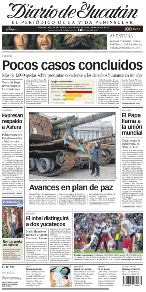 Portada de Diario de Yucatán del viernes, 26 de diciembre de 2025