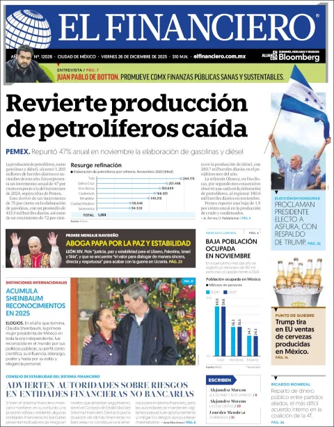 Portada de El Financiero del viernes, 26 de diciembre de 2025