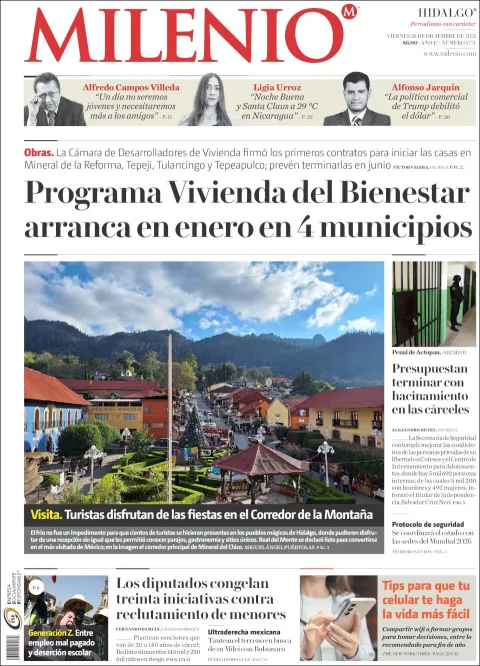 Portada de Milenio Hidalgo del viernes, 26 de diciembre de 2025