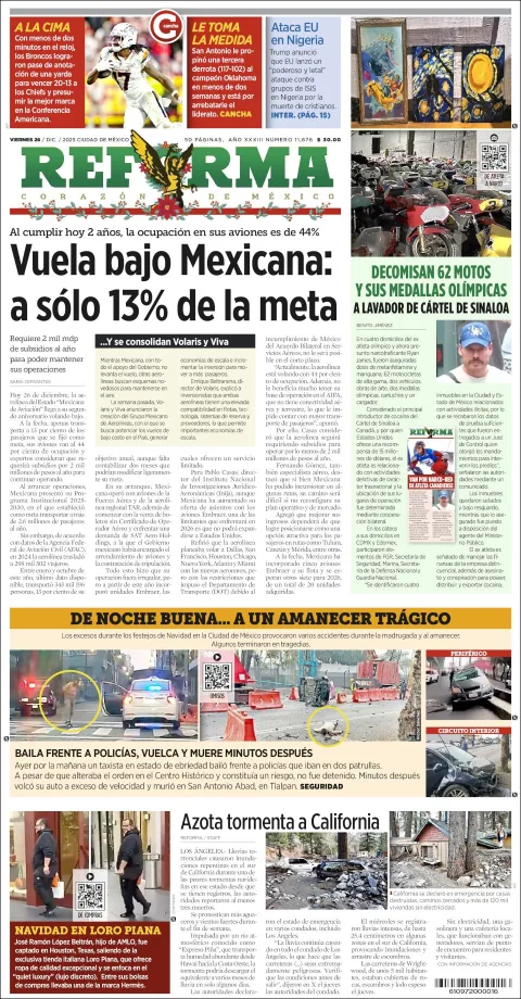 Portada de Reforma del viernes, 26 de diciembre de 2025