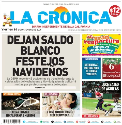 Portada de La Cronica del viernes, 26 de diciembre de 2025