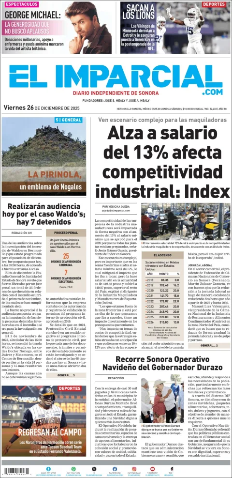 Portada de El Imparcial del viernes, 26 de diciembre de 2025