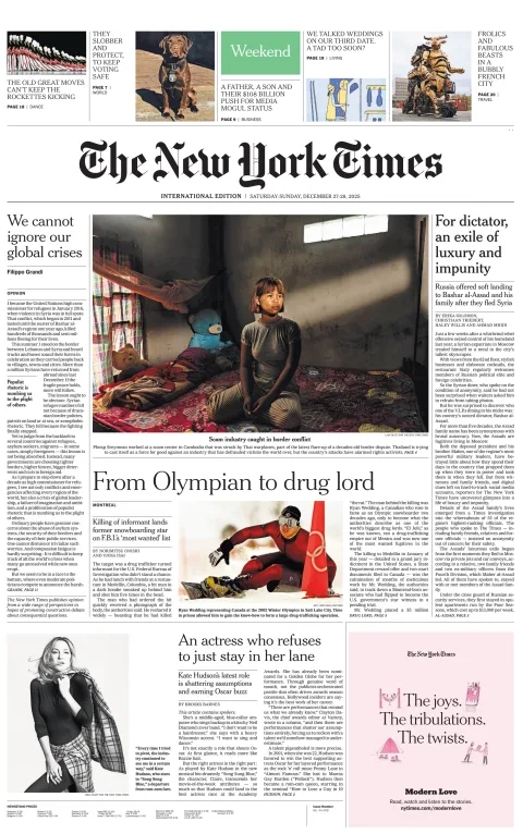 Portada de The New York Times (international) del sábado, 27 de diciembre de 2025