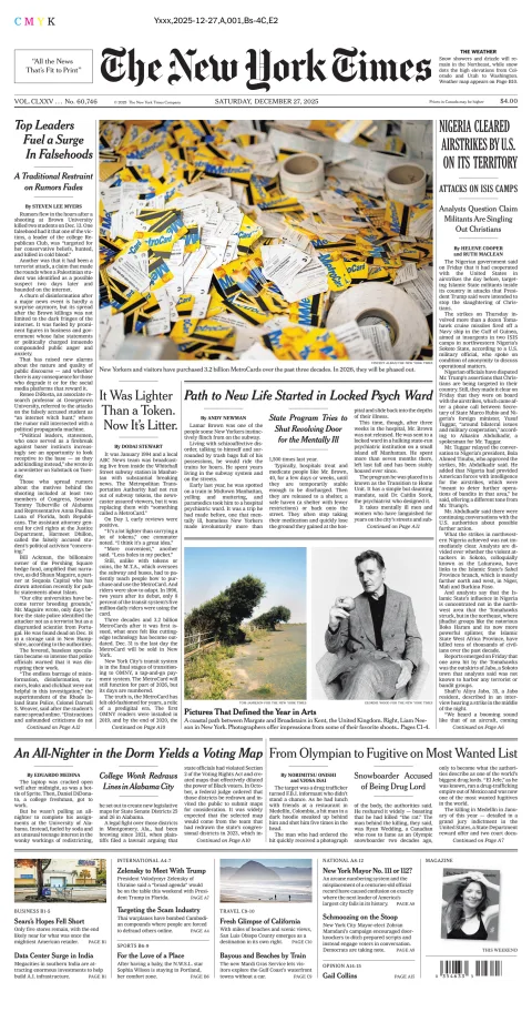 Portada de The New York Times (national) del sábado, 27 de diciembre de 2025
