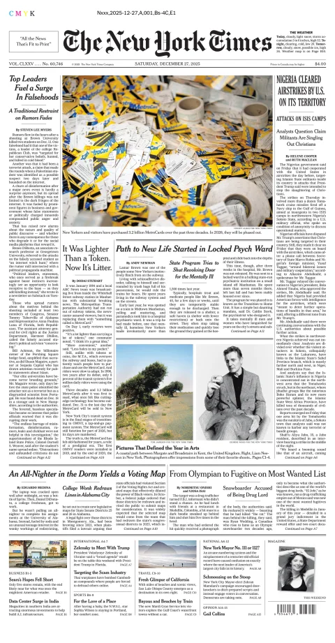Portada de The New York Times (new York) del sábado, 27 de diciembre de 2025