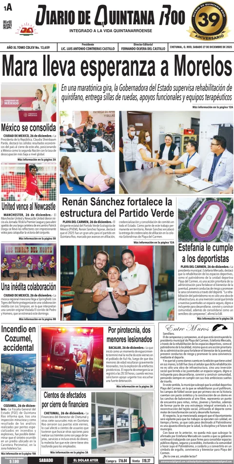 Portada de Diario de Quintana Roo (portada) del sábado, 27 de diciembre de 2025