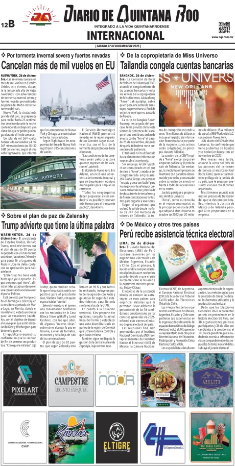 Portada de Diario de Quintana Roo (contra Portada) del sábado, 27 de diciembre de 2025