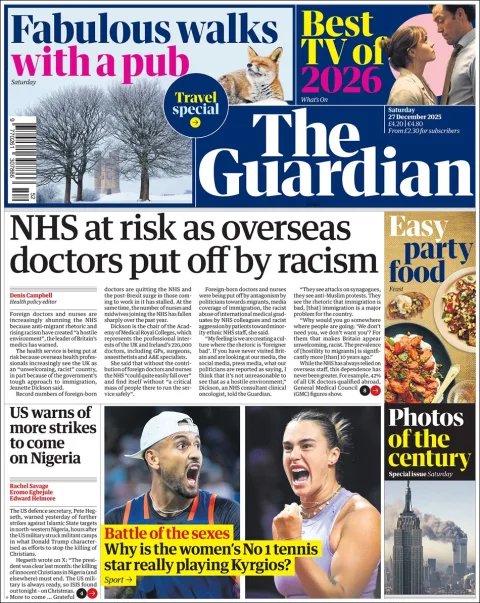 Portada de The Guardian (reino Unido) del sábado, 27 de diciembre de 2025