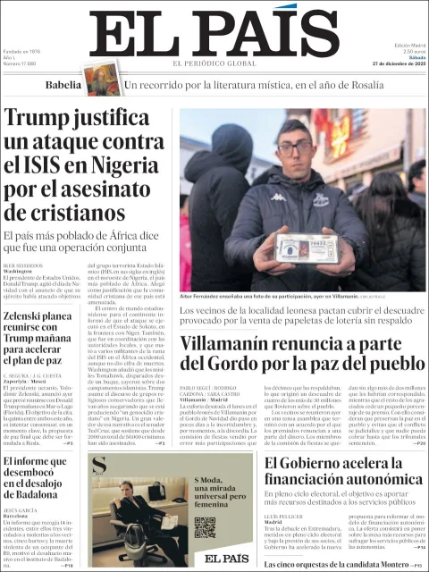 Portada de El Pais del sábado, 27 de diciembre de 2025