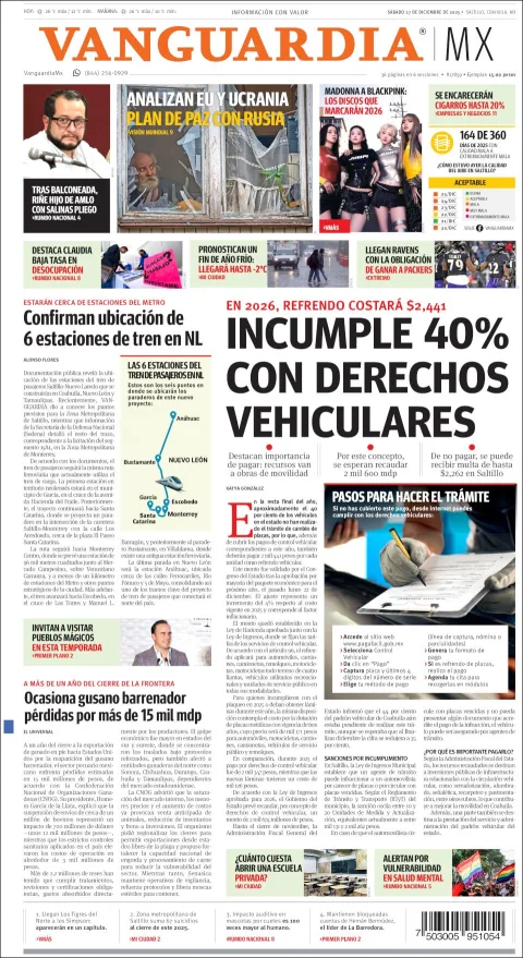 Portada de Vanguardia del sábado, 27 de diciembre de 2025