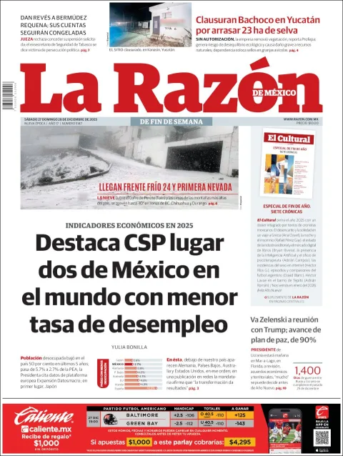 Portada de La Razon del sábado, 27 de diciembre de 2025