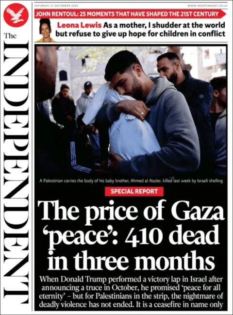 Portada de The Independent del sábado, 27 de diciembre de 2025