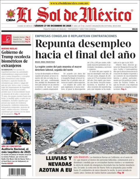 Portada de El Sol de Mexico del sábado, 27 de diciembre de 2025