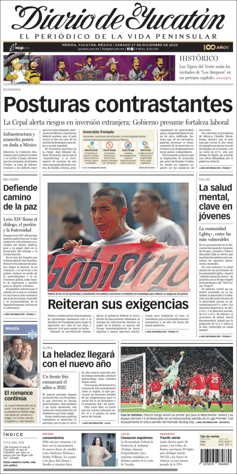 Portada de Diario de Yucatán del sábado, 27 de diciembre de 2025