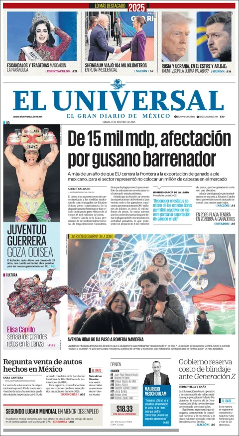 Portada de El Universal del sábado, 27 de diciembre de 2025
