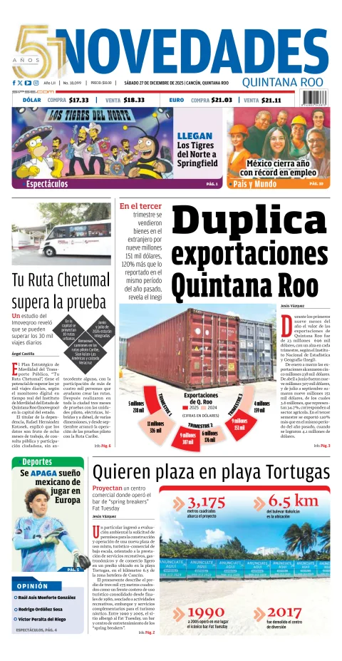 Portada de Novedades Quintana Roo del sábado, 27 de diciembre de 2025
