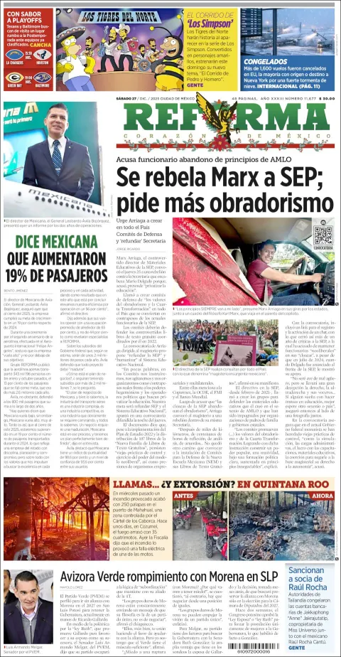 Portada de Reforma del sábado, 27 de diciembre de 2025