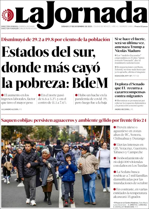 Portada de La Jornada del sábado, 27 de diciembre de 2025