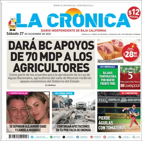 Portada de La Cronica del sábado, 27 de diciembre de 2025