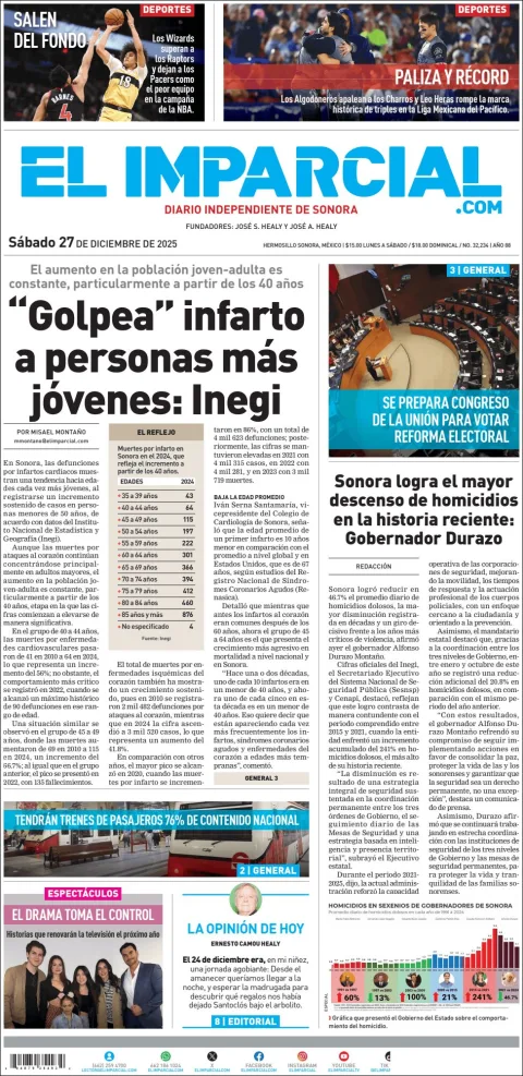 Portada de El Imparcial del sábado, 27 de diciembre de 2025