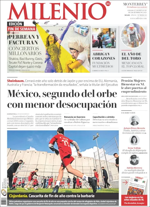 Portada de Milenio del sábado, 27 de diciembre de 2025
