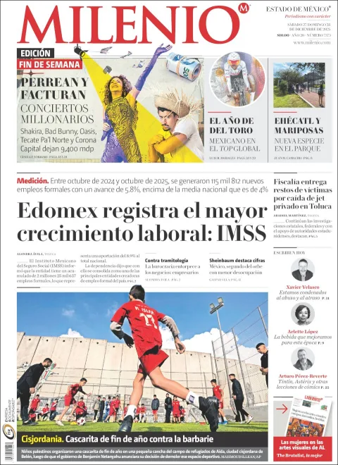 Portada de Milenio Edo de Mexico del sábado, 27 de diciembre de 2025