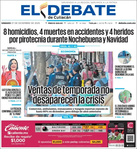 Portada de El Debate de Culiacan del sábado, 27 de diciembre de 2025