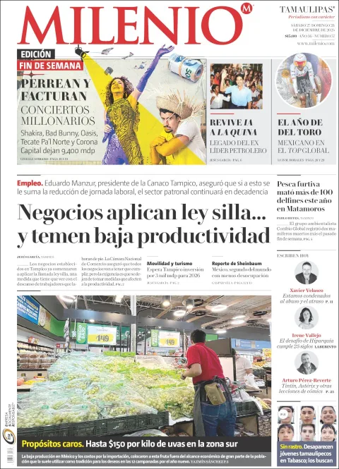 Portada de Milenio Tamaulipas del sábado, 27 de diciembre de 2025
