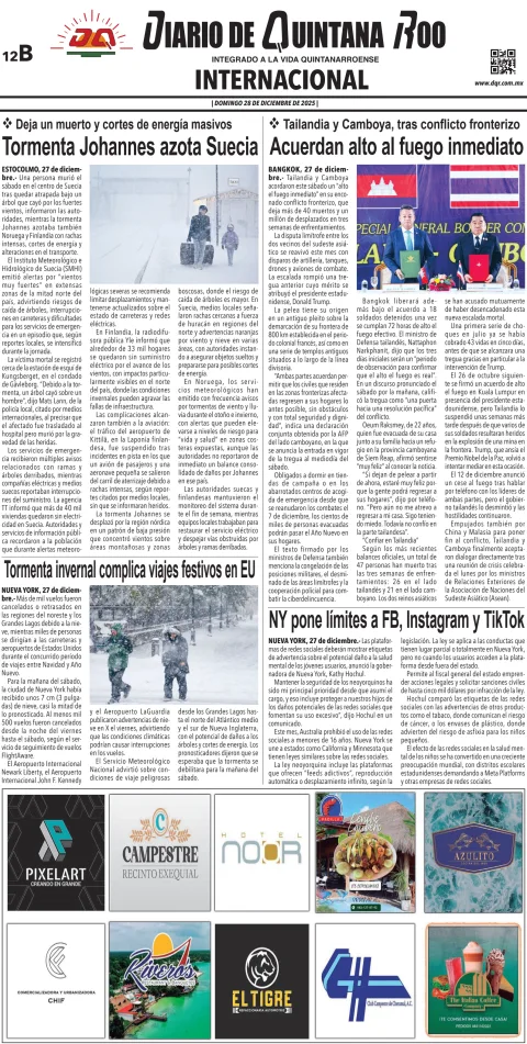 Portada de Diario de Quintana Roo (contra Portada) del domingo, 28 de diciembre de 2025