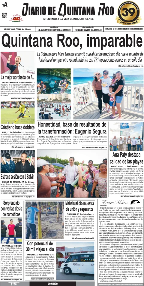 Portada de Diario de Quintana Roo (portada) del domingo, 28 de diciembre de 2025