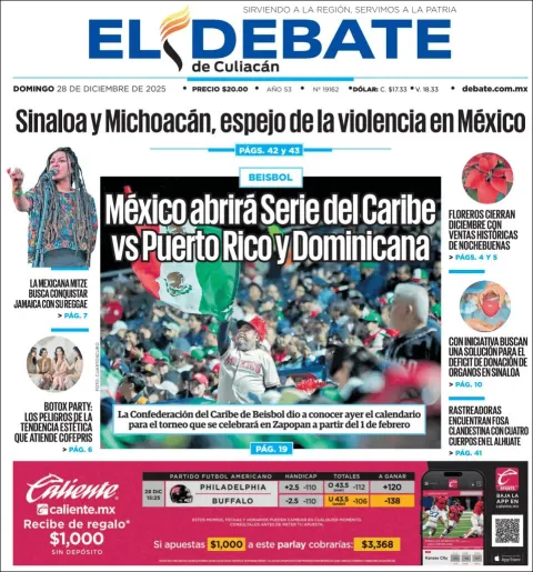 Portada de El Debate de Culiacan del domingo, 28 de diciembre de 2025