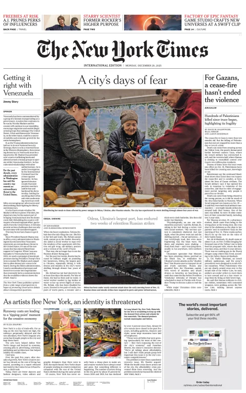 Portada de The New York Times (international) del lunes, 29 de diciembre de 2025