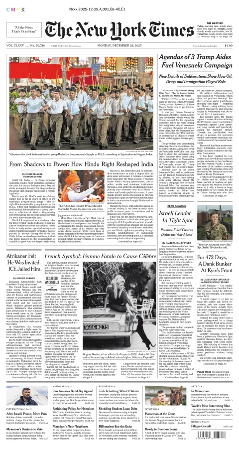 Portada de The New York Times (new York) del lunes, 29 de diciembre de 2025