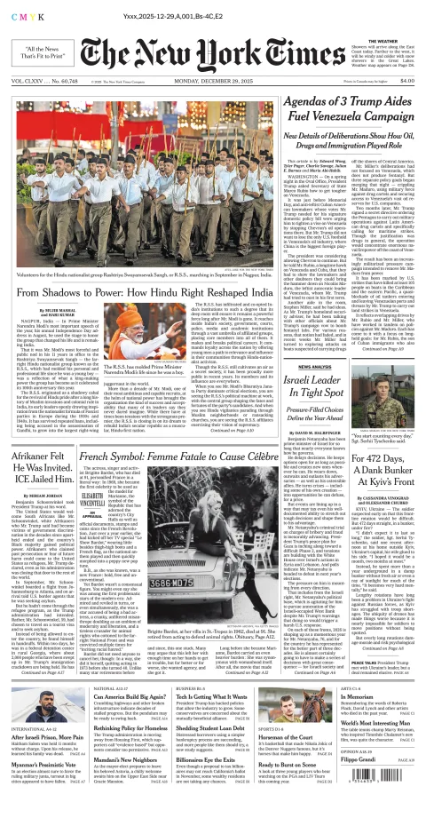 Portada de The New York Times (national) del lunes, 29 de diciembre de 2025