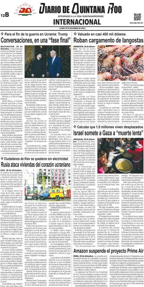 Portada de Diario de Quintana Roo (contra Portada) del lunes, 29 de diciembre de 2025