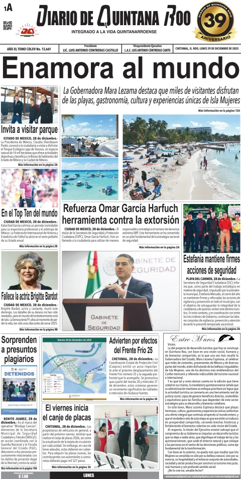 Portada de Diario de Quintana Roo (portada) del lunes, 29 de diciembre de 2025