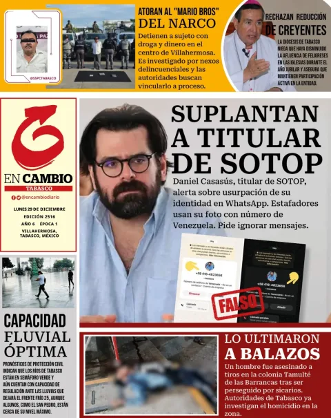 Portada de En Cambio - Tabasco (contraportada) del lunes, 29 de diciembre de 2025