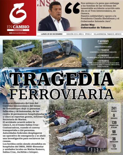Portada de En Cambio - Tabasco (portada) del lunes, 29 de diciembre de 2025