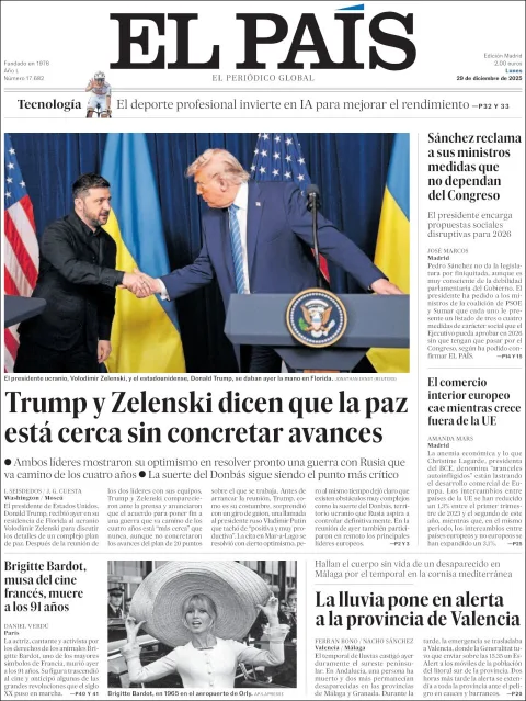 Portada de El Pais del lunes, 29 de diciembre de 2025