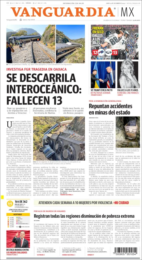 Portada de Vanguardia del lunes, 29 de diciembre de 2025