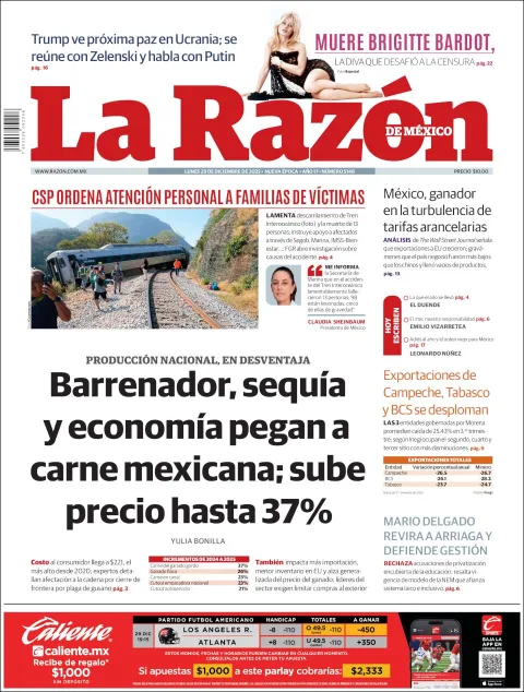 Portada de La Razon del lunes, 29 de diciembre de 2025