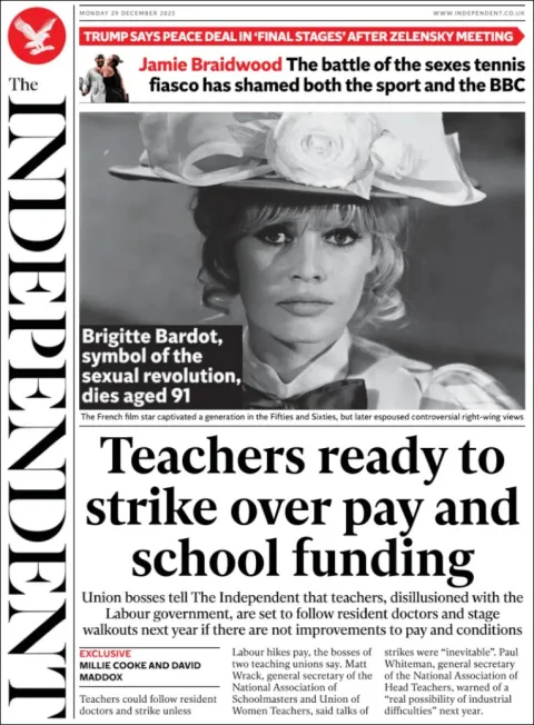 Portada de The Independent del lunes, 29 de diciembre de 2025