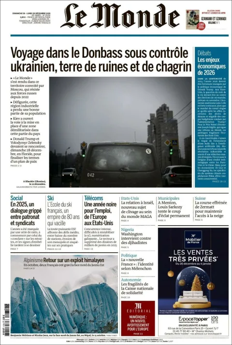 Portada de Le Monde del lunes, 29 de diciembre de 2025
