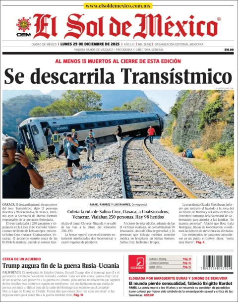 Portada de El Sol de Mexico del lunes, 29 de diciembre de 2025