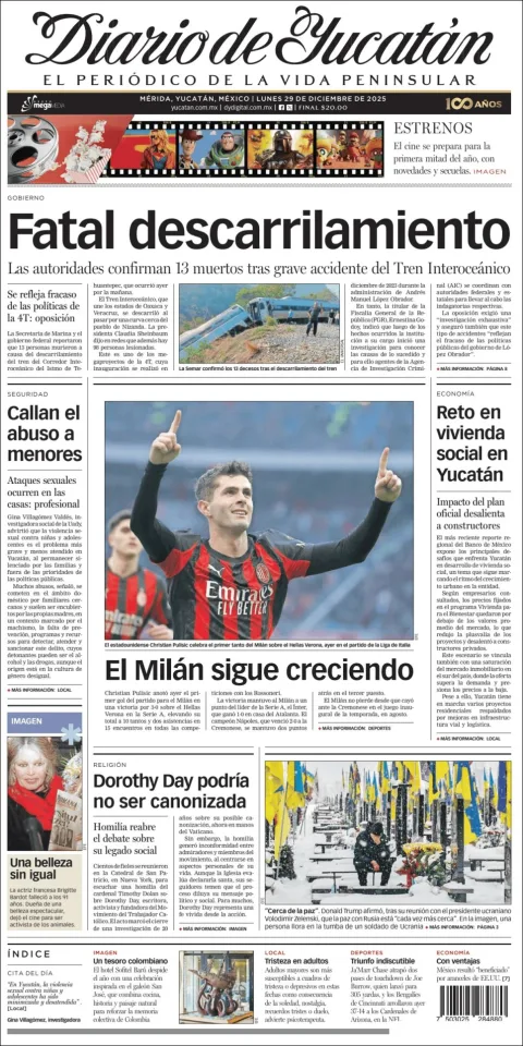 Portada de Diario de Yucatán del lunes, 29 de diciembre de 2025