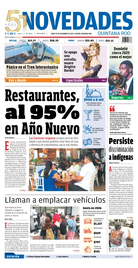 Portada de Novedades Quintana Roo del lunes, 29 de diciembre de 2025