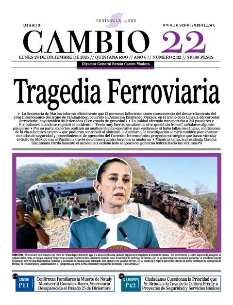 Portada de Diario Cambio 22 (portada) del lunes, 29 de diciembre de 2025