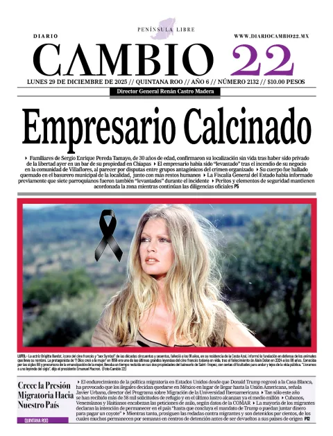 Portada de Diario Cambio 22 (contraportada) del lunes, 29 de diciembre de 2025